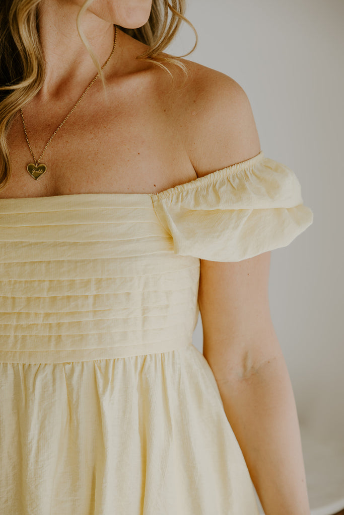 Pleated Front Puff Sleeve Mini - Yellow