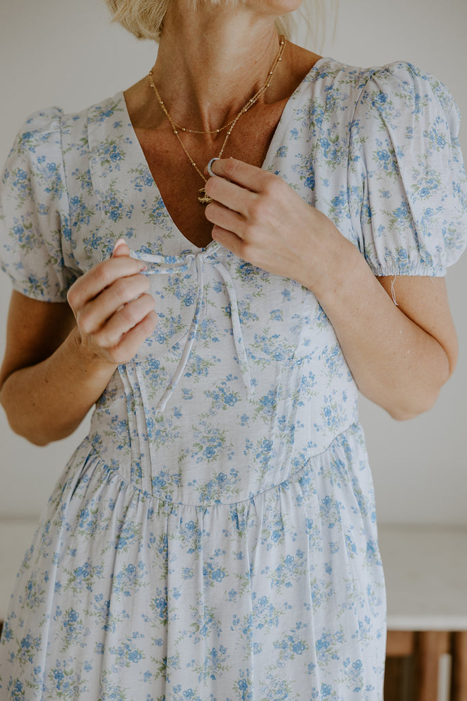 Puff Sleeve Floral Corset Midi - Blue