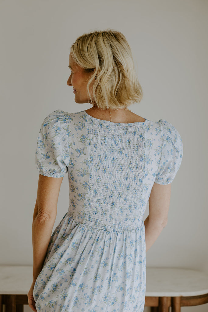 Puff Sleeve Floral Corset Midi - Blue