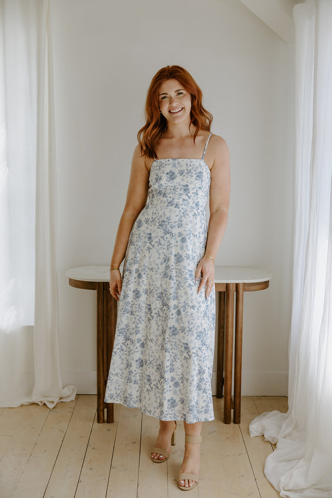 Water Colour Floral Midi Dress - Blue