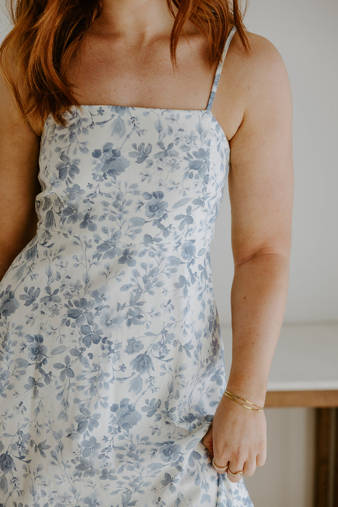 Water Colour Floral Midi Dress - Blue