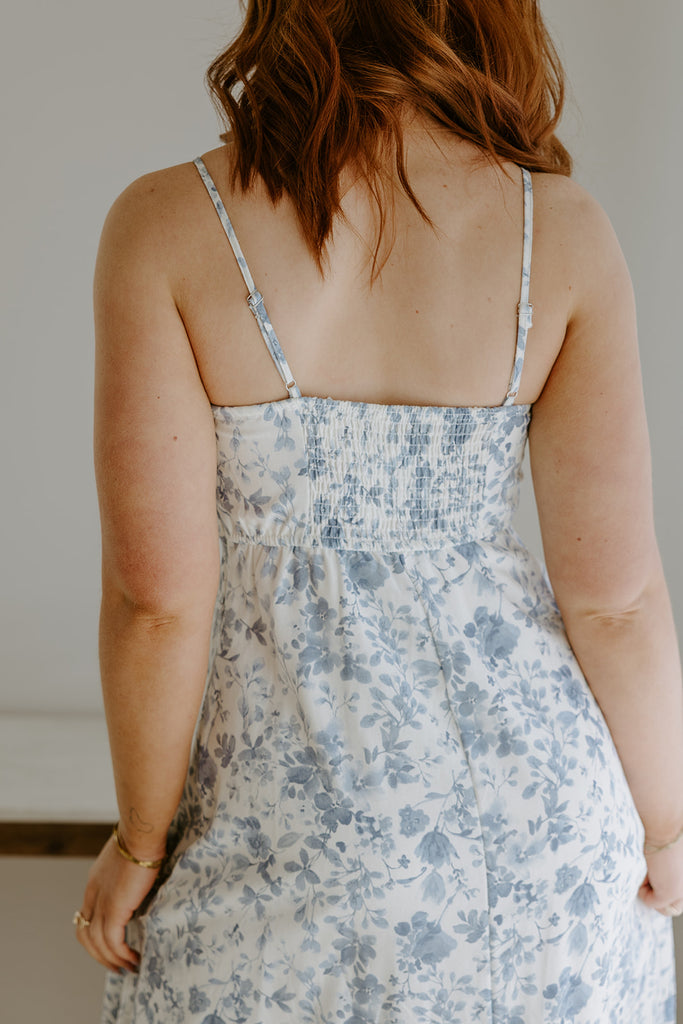Water Colour Floral Midi Dress - Blue