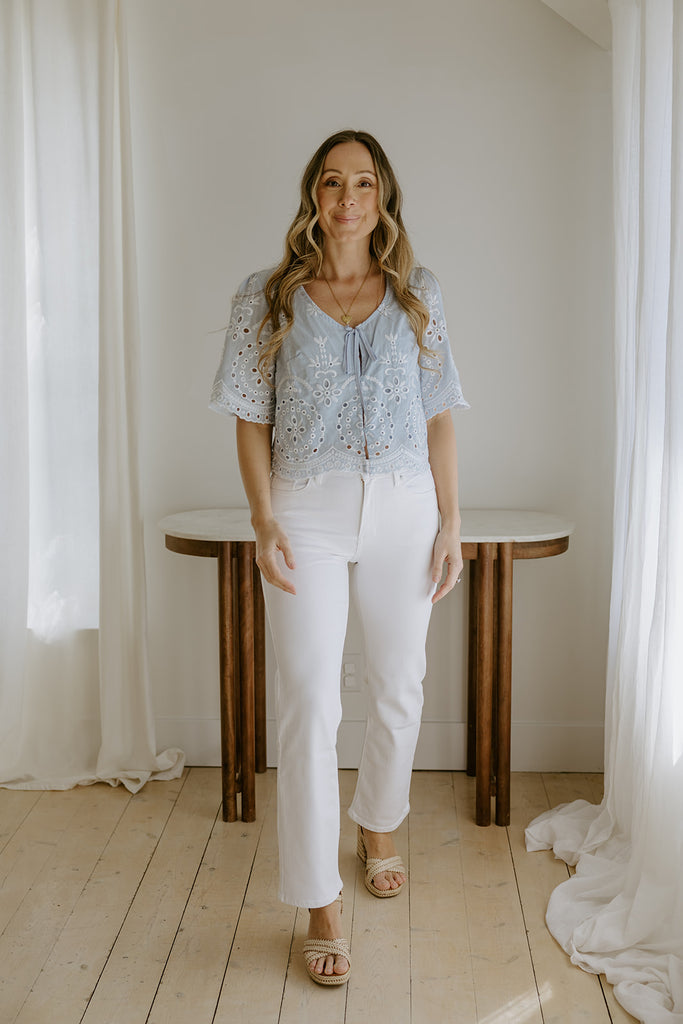 Eyelet Shirt with Front Tie - Blue