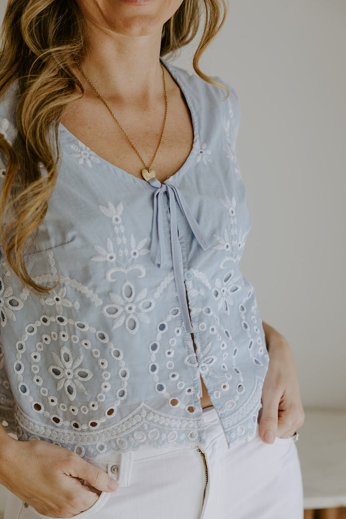 Eyelet Shirt with Front Tie - Blue
