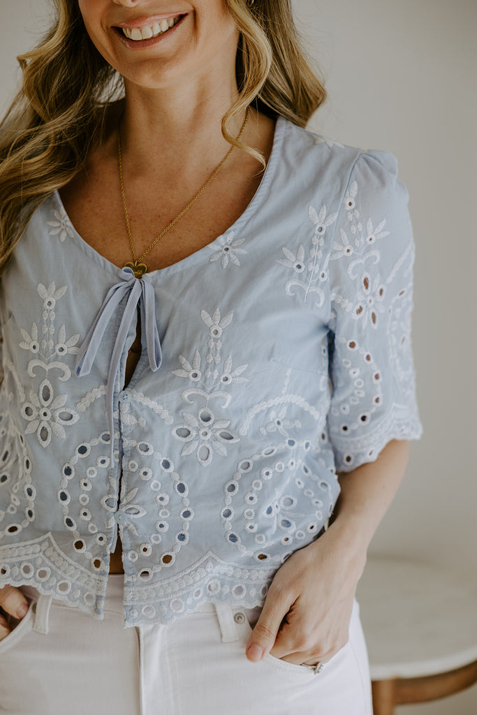 Eyelet Shirt with Front Tie - Blue