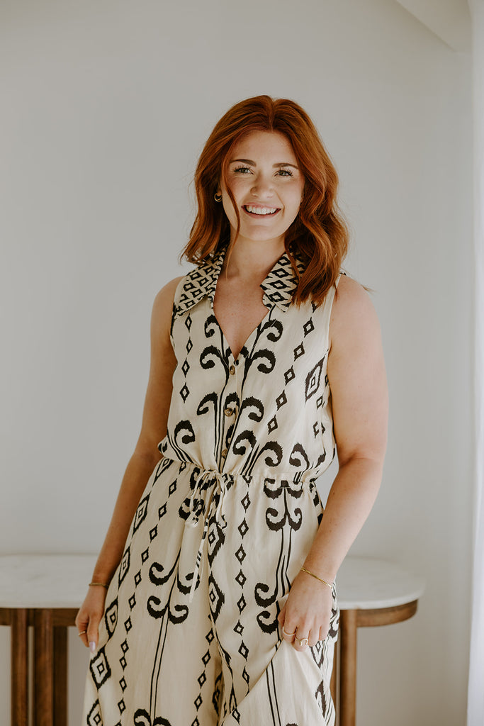 Sleeveless Button Down Printed Jumpsuit