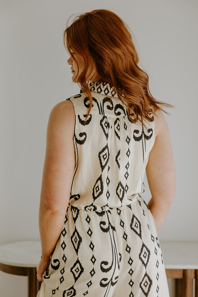 Sleeveless Button Down Printed Jumpsuit