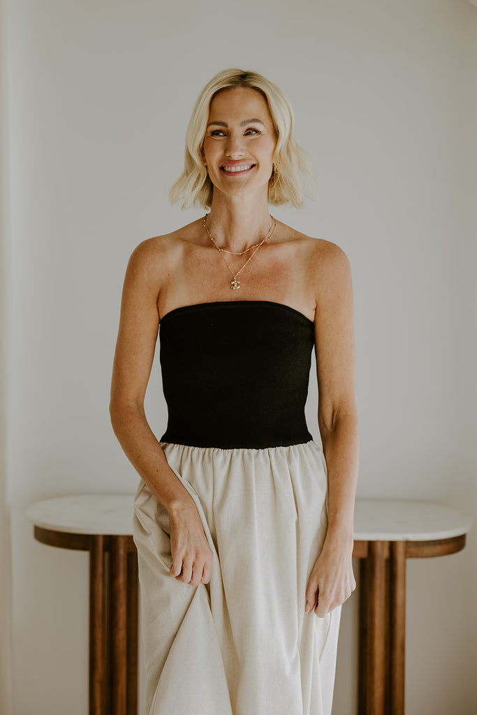 Strapless Mixed Material Midi Dress