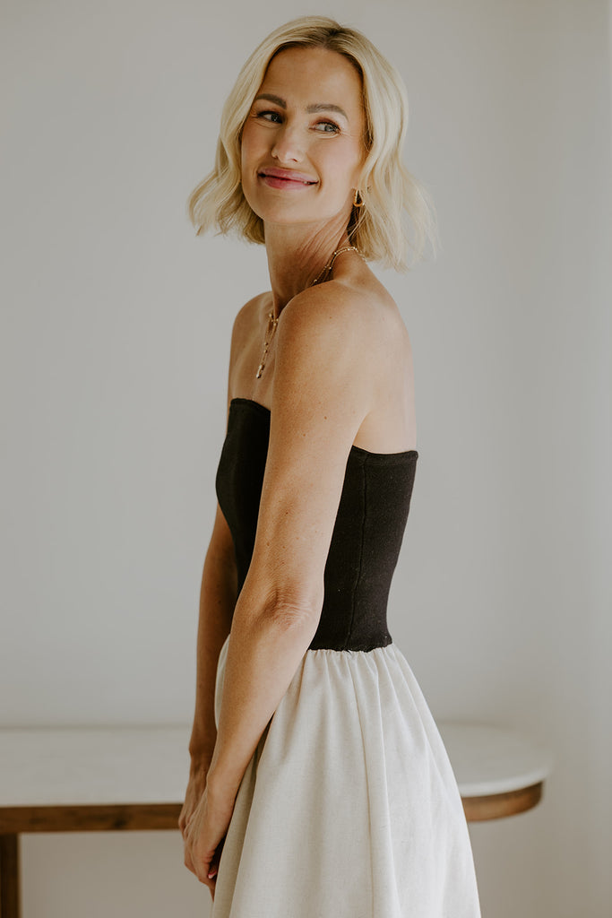 Strapless Mixed Material Midi Dress