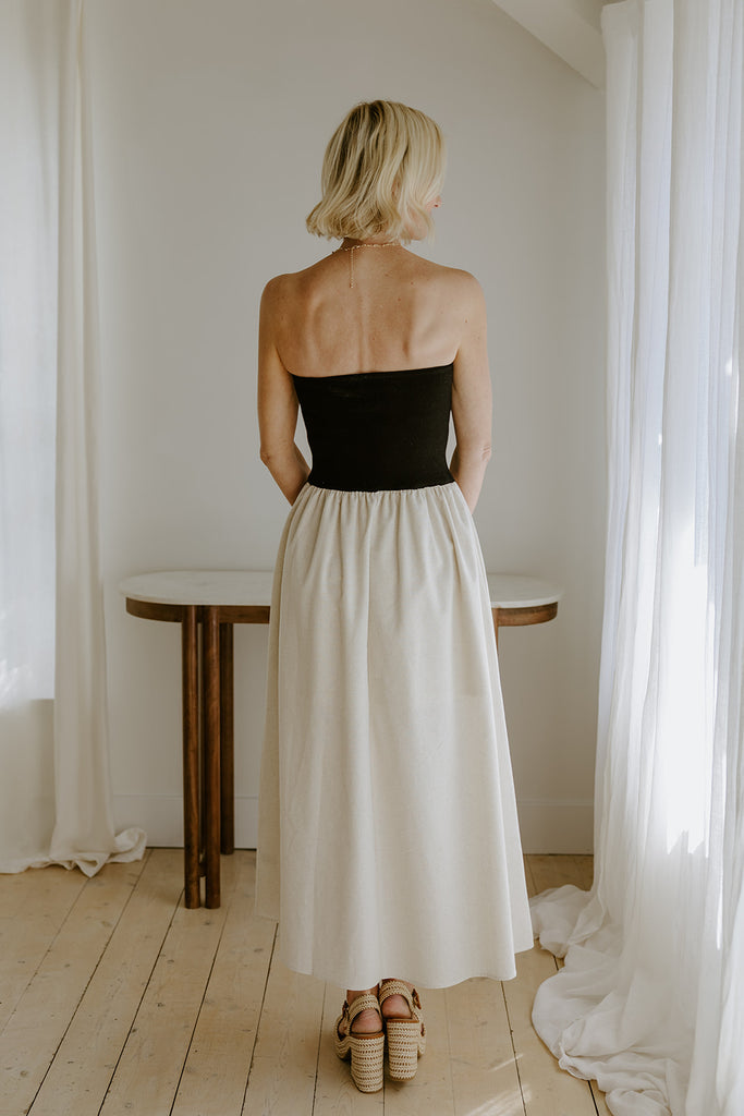 Strapless Mixed Material Midi Dress