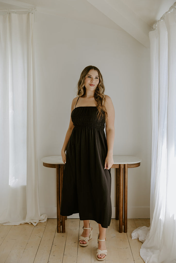 Lightweight Ruched Top Midi Dress - Black