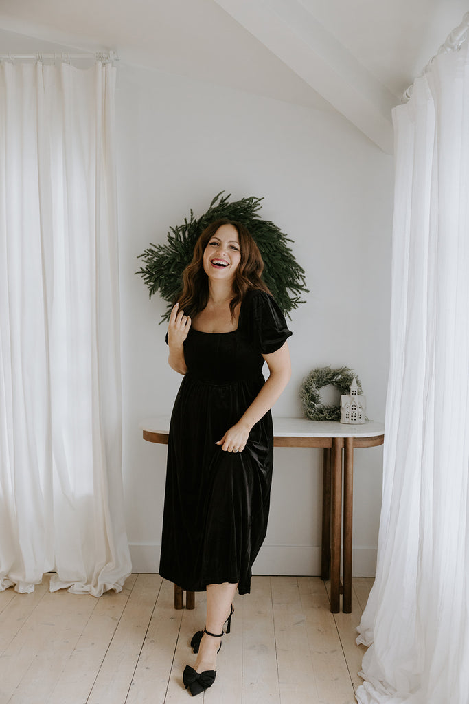 Velvet Corset Midi Dress - Black