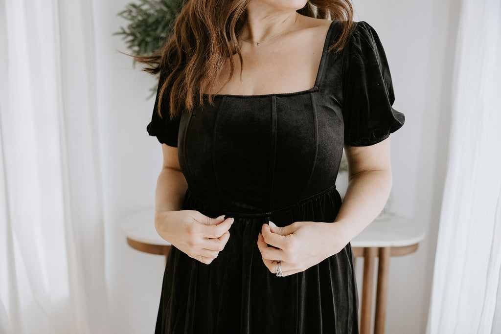 Velvet Corset Midi Dress - Black