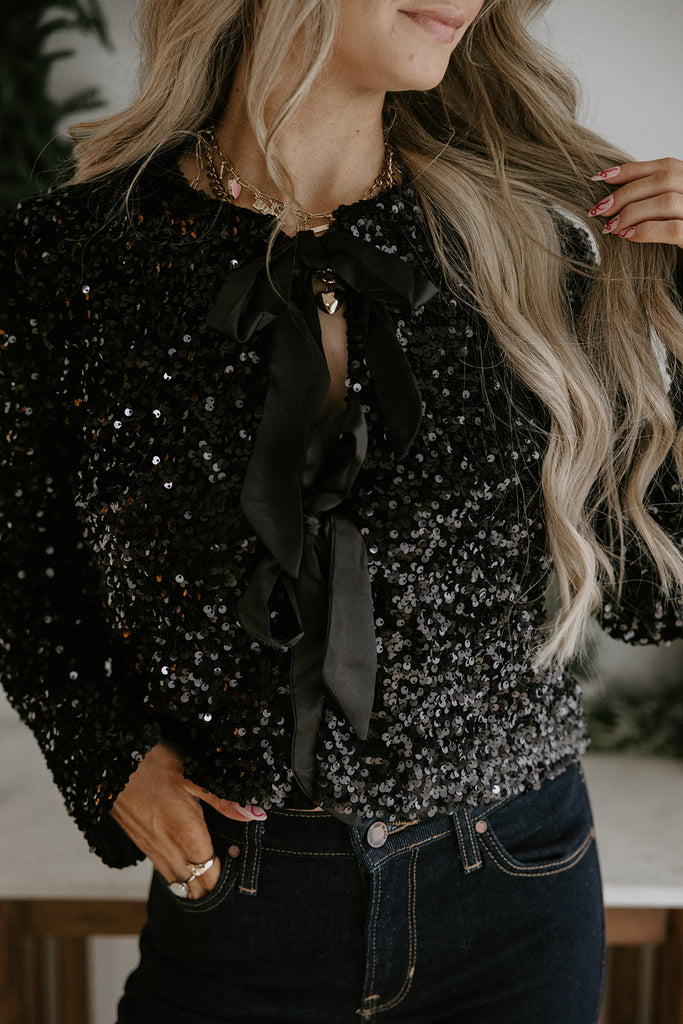Sequin Bow Tie Front Shirt/Jacket - Black