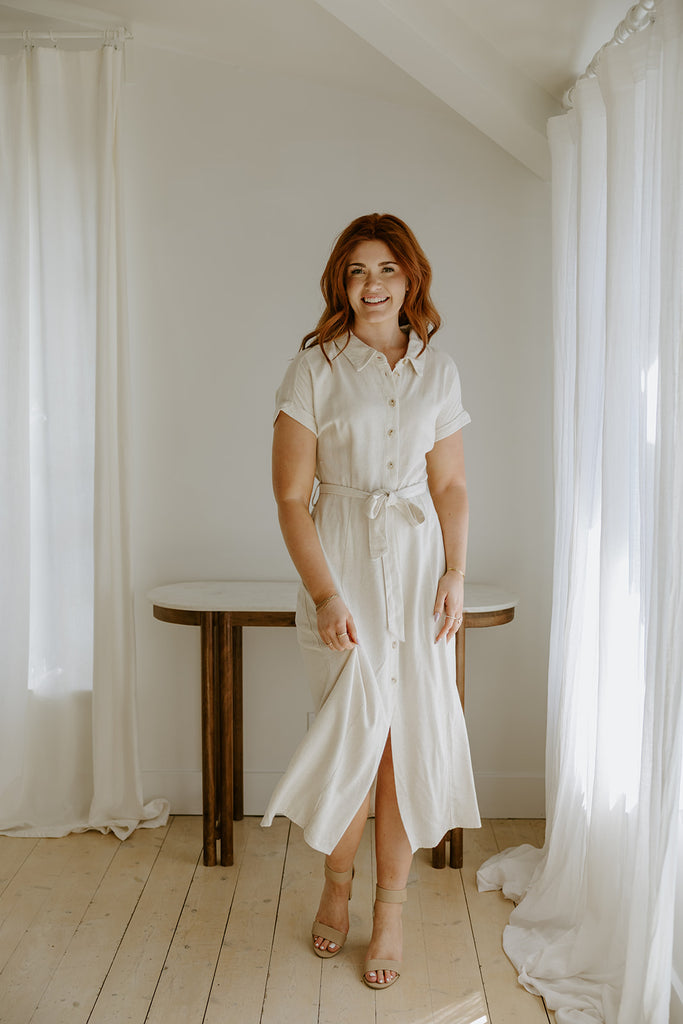 Button Down Midi Shirt Dress - Oat