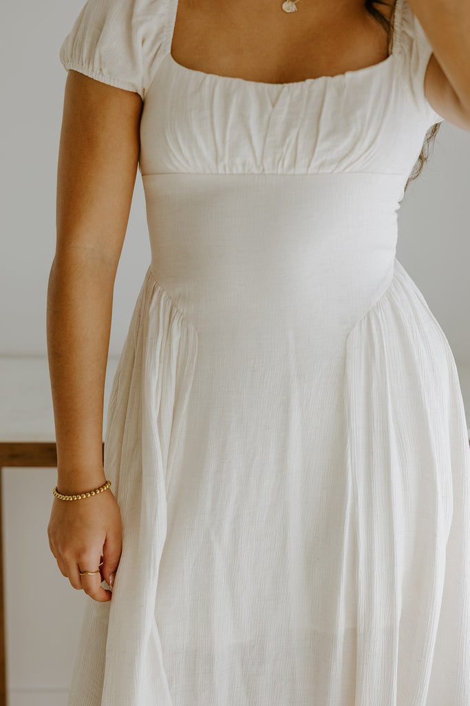 Ruched Detail Scoop Neck Midi - Natural