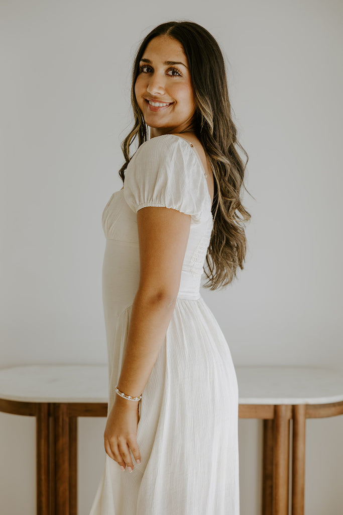 Ruched Detail Scoop Neck Midi - Natural
