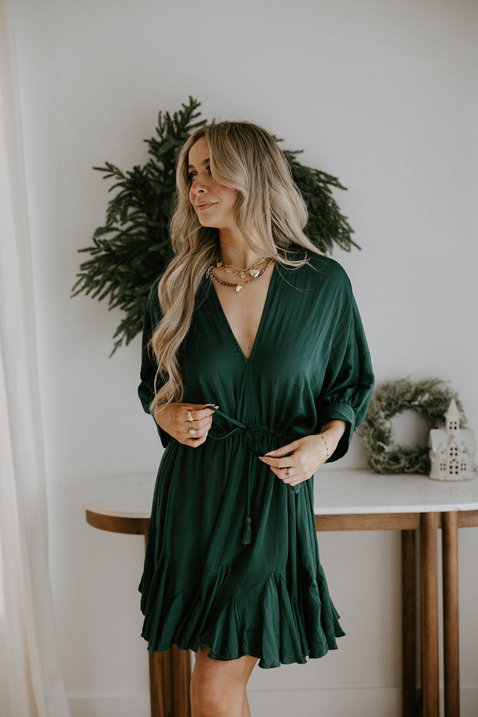 Dolman Sleeve Tie Front Dress - Green