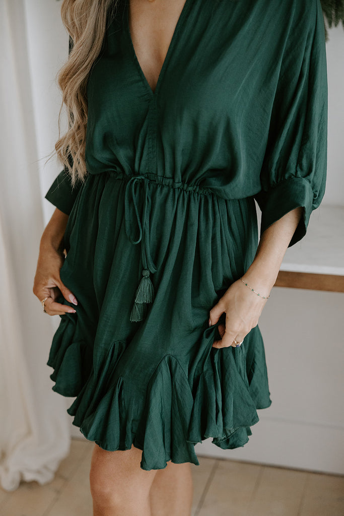 Dolman Sleeve Tie Front Dress - Green