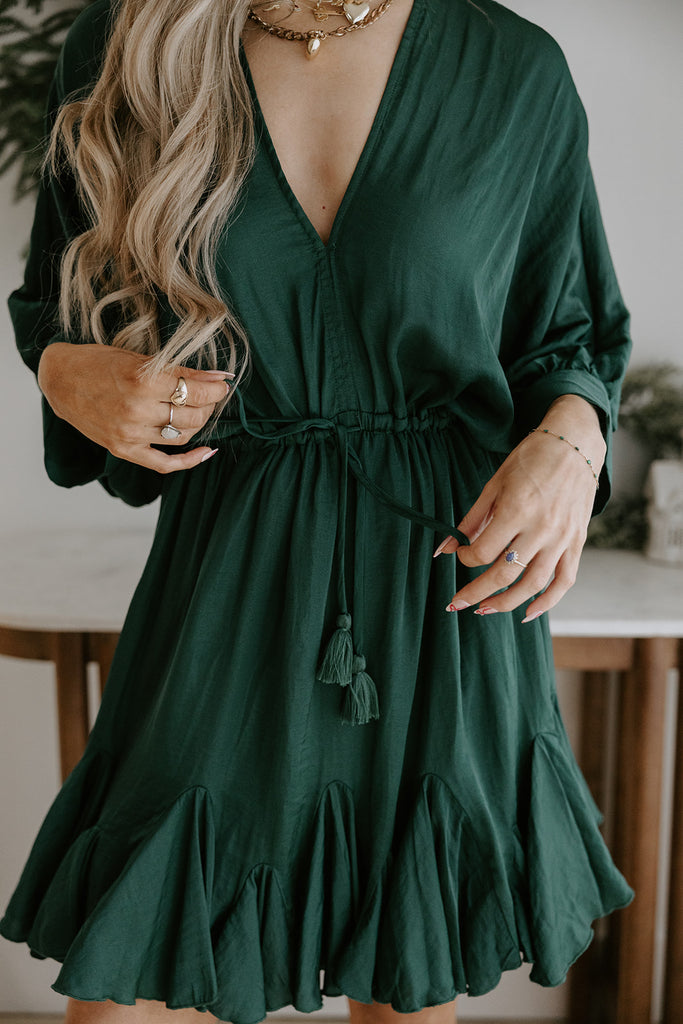 Dolman Sleeve Tie Front Dress - Green