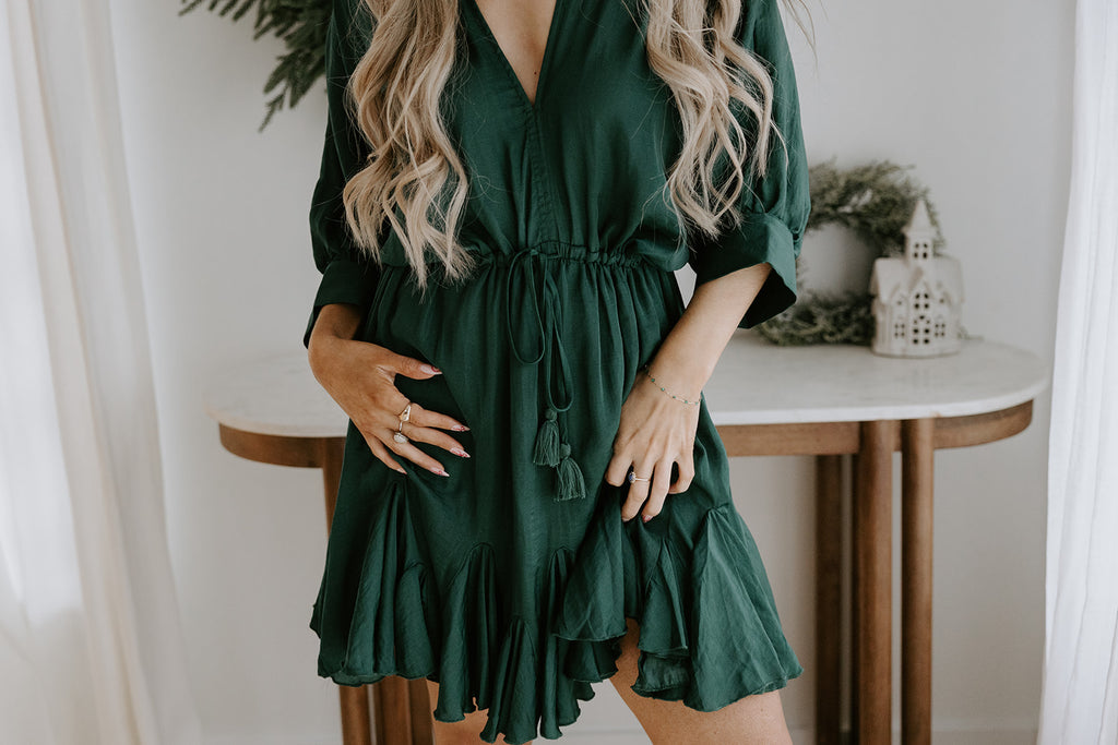 Dolman Sleeve Tie Front Dress - Green