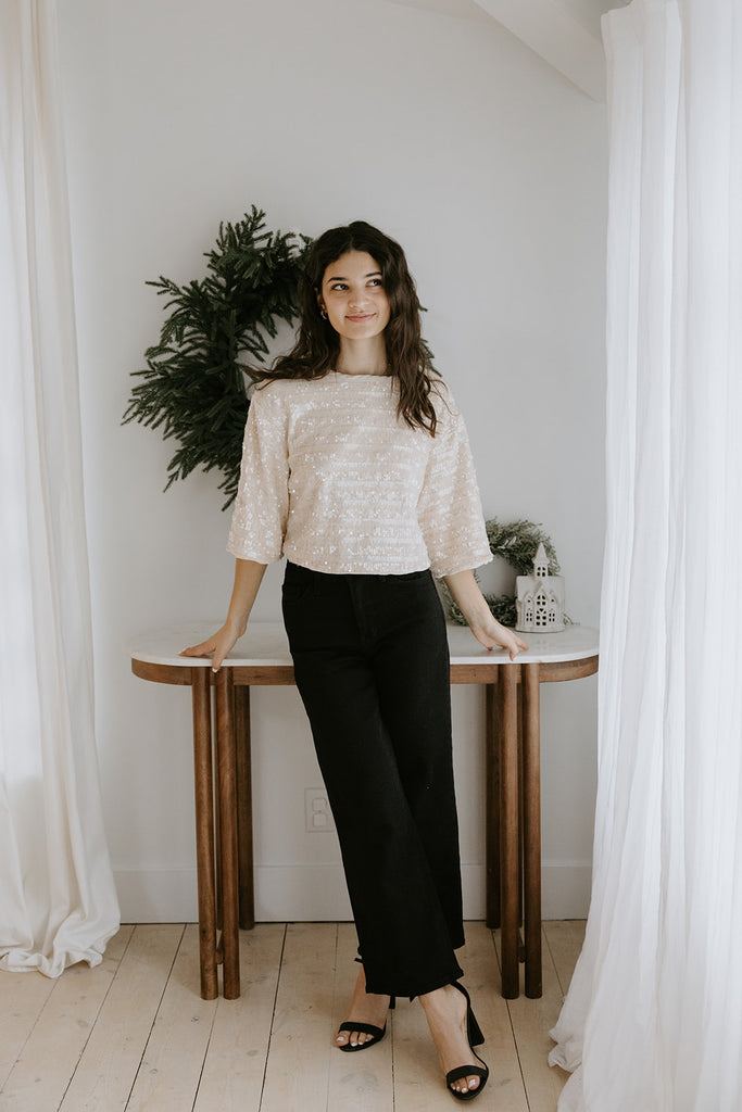 Crop Sequin Tee - Champagne