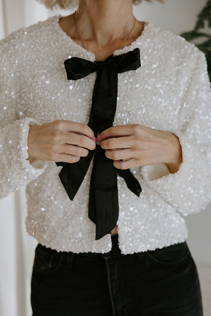 Sequin Bow Front Tie Shirt/Jacket - Cream