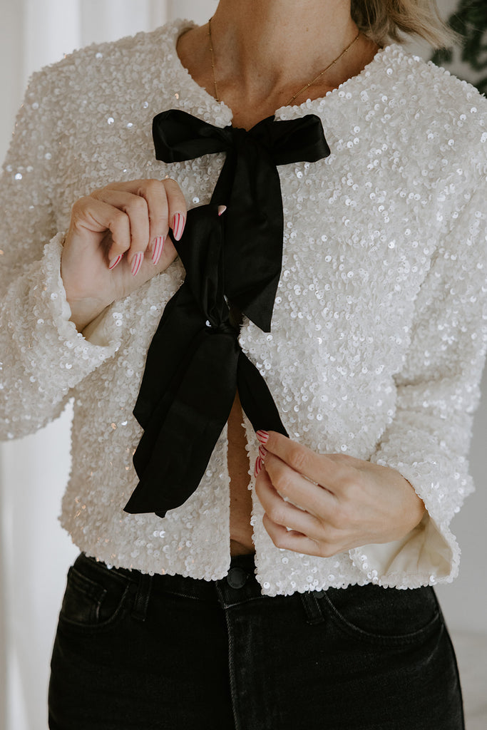 Sequin Bow Front Tie Shirt/Jacket - Cream