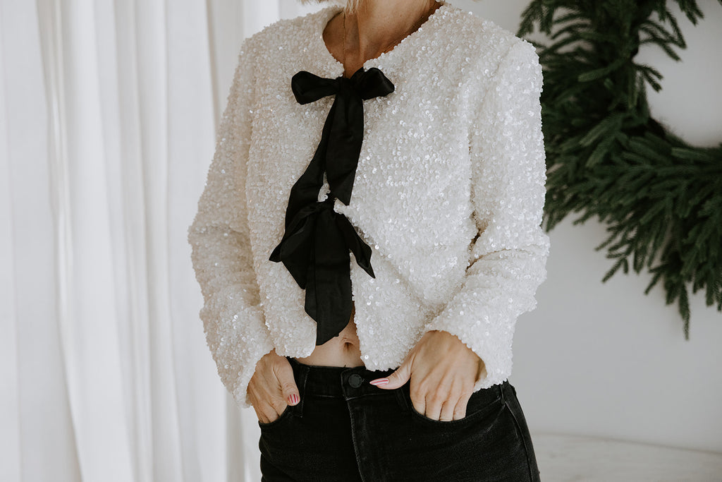 Sequin Bow Front Tie Shirt/Jacket - Cream