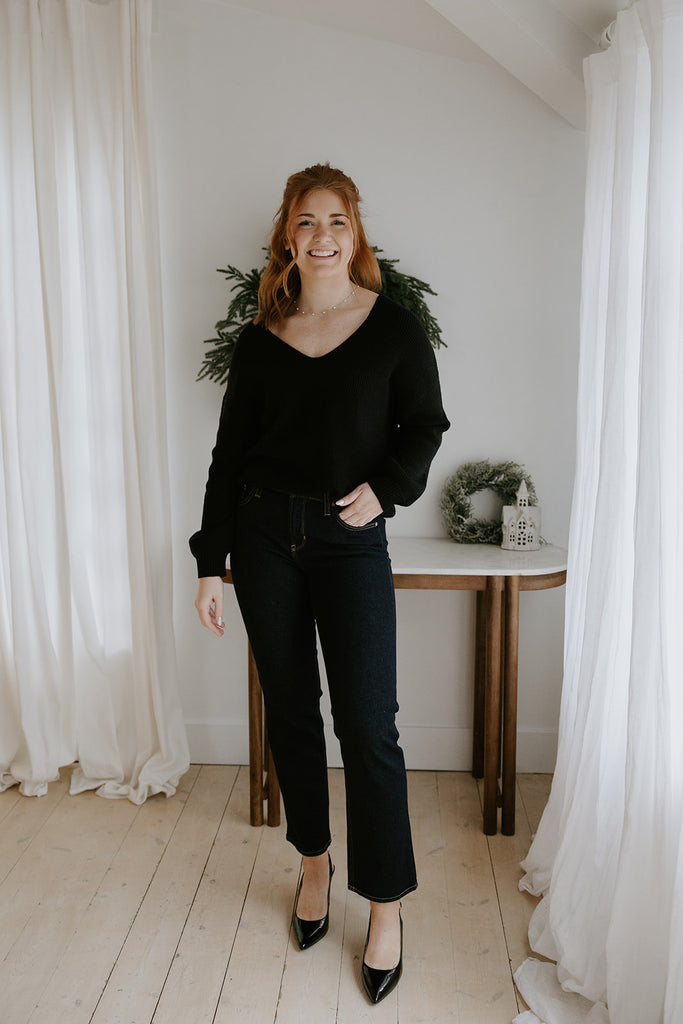 Back Bow V-Neck Sweater - Black