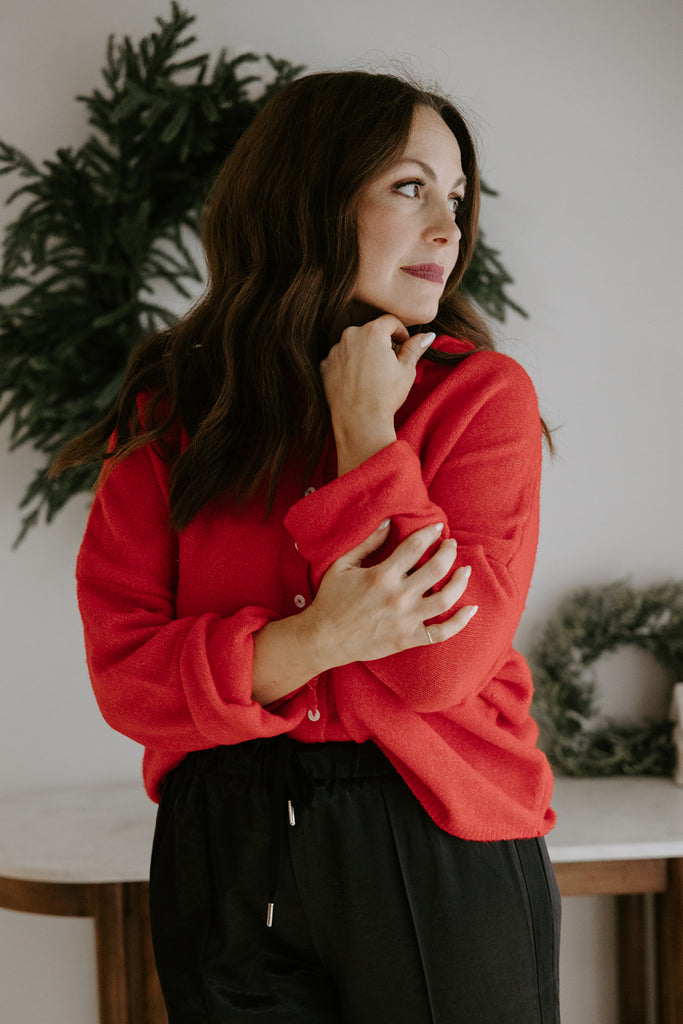 Lightweight Button Up Cardigan - Red