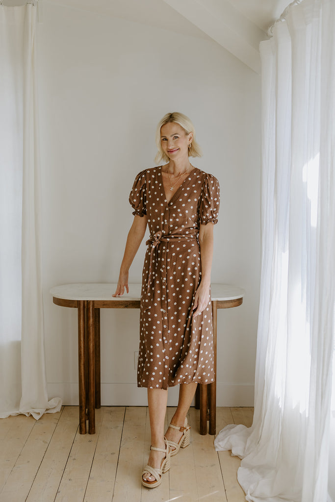Button Up Polka Dot Midi - Brown