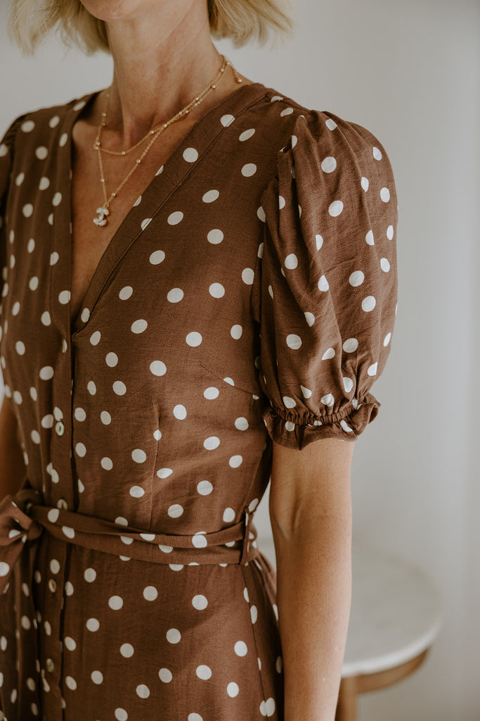 Button Up Polka Dot Midi - Brown