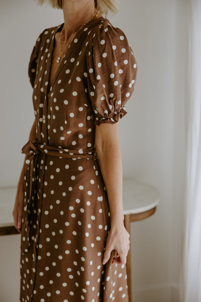 Button Up Polka Dot Midi - Brown