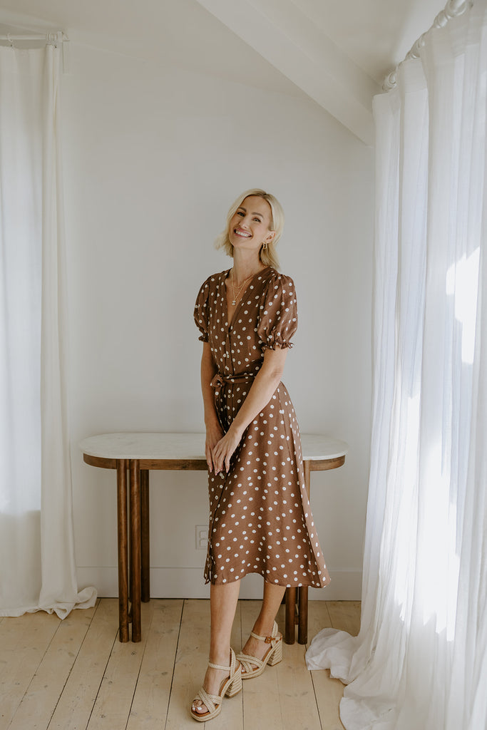 Button Up Polka Dot Midi - Brown