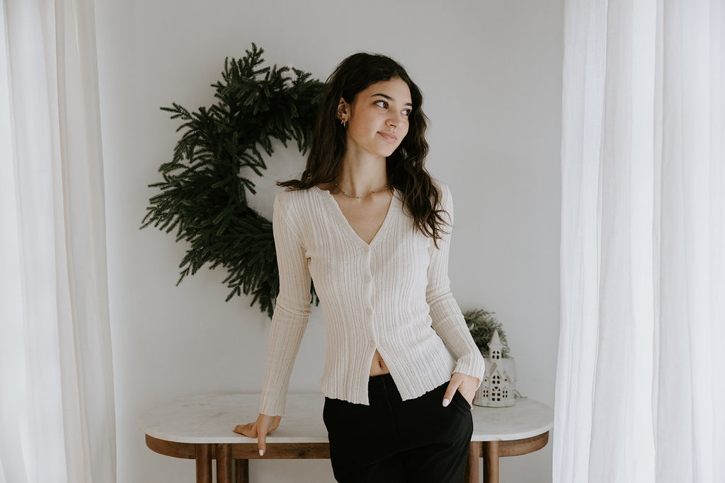 Lightweight Collared Button Knit Top - Cream