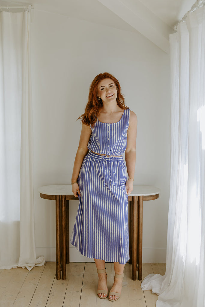 Striped Top And Skirt Set - Blue