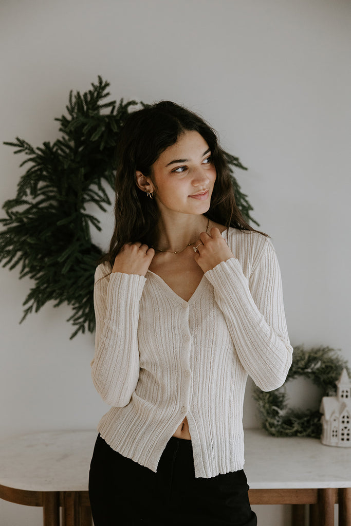 Lightweight Collared Button Knit Top - Cream