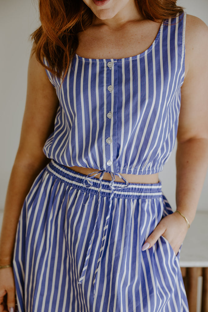 Striped Top And Skirt Set - Blue