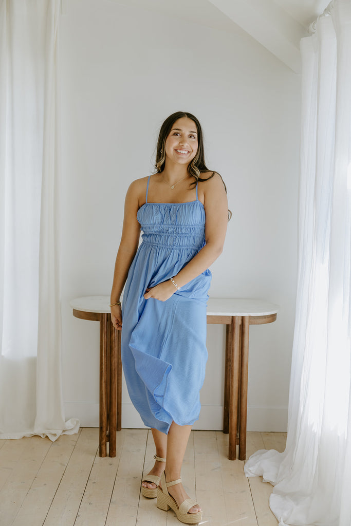 Lightweight Ruched Top Midi Dress - Blue