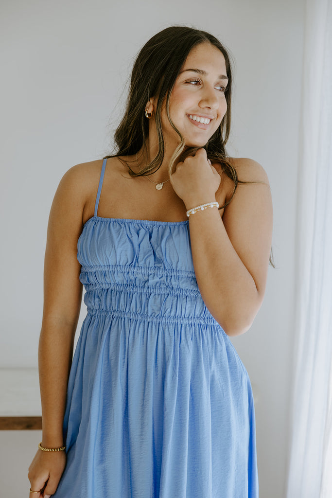 Lightweight Ruched Top Midi Dress - Blue