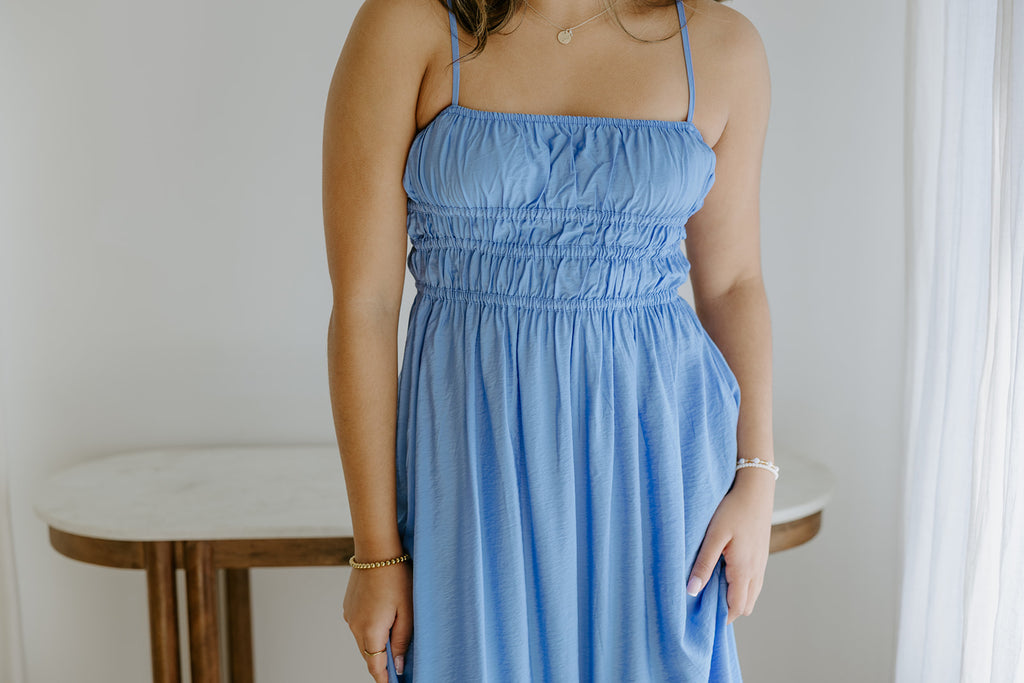Lightweight Ruched Top Midi Dress - Blue