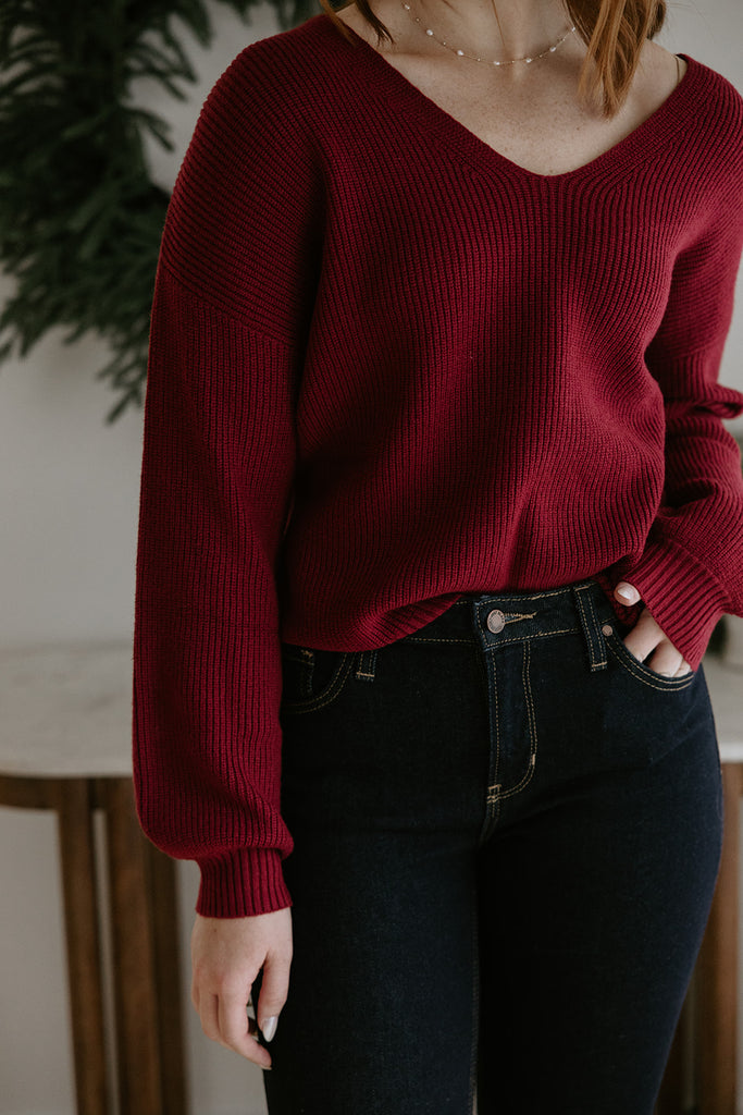 Back Bow V-Neck Sweater - Burgundy