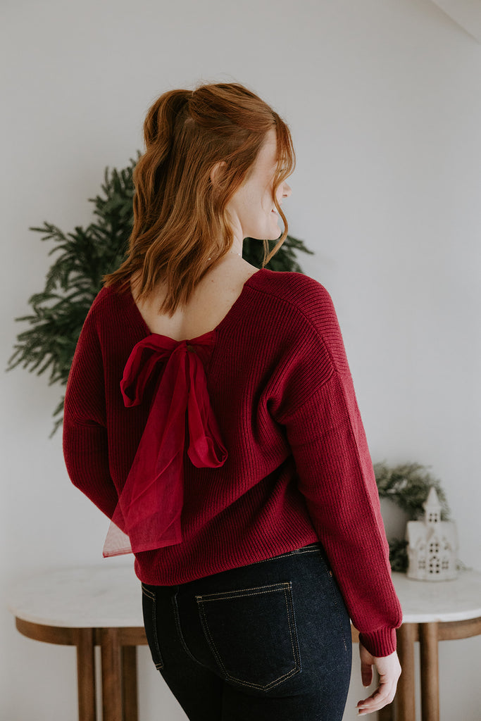 Back Bow V-Neck Sweater - Burgundy