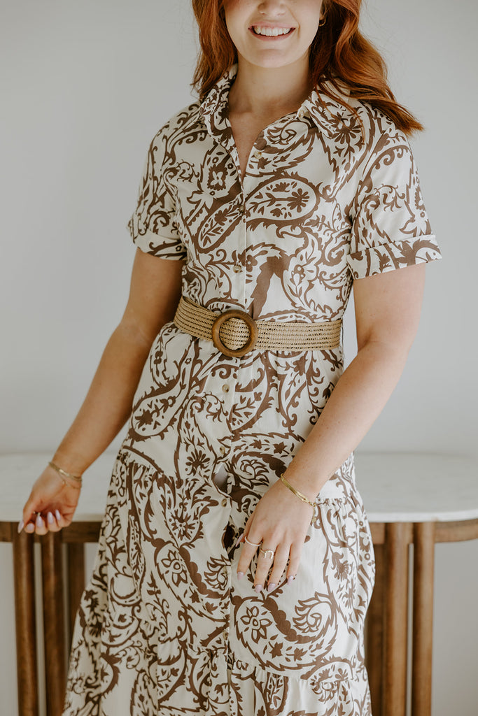 Printed Button Up Dress With Belt - Brown