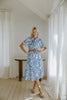 Printed Button Up Dress With Belt - Blue