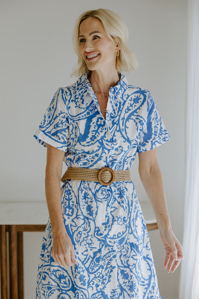 Printed Button Up Dress With Belt - Blue