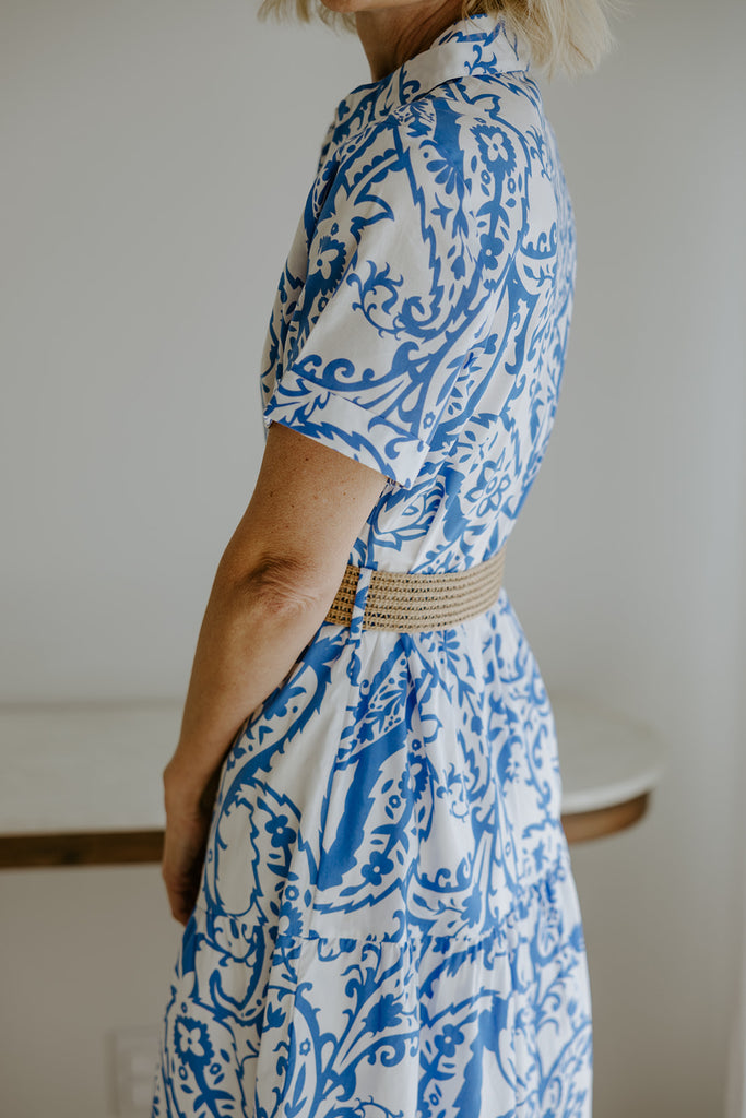 Printed Button Up Dress With Belt - Blue