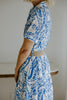 Printed Button Up Dress With Belt - Blue