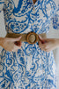 Printed Button Up Dress With Belt - Blue